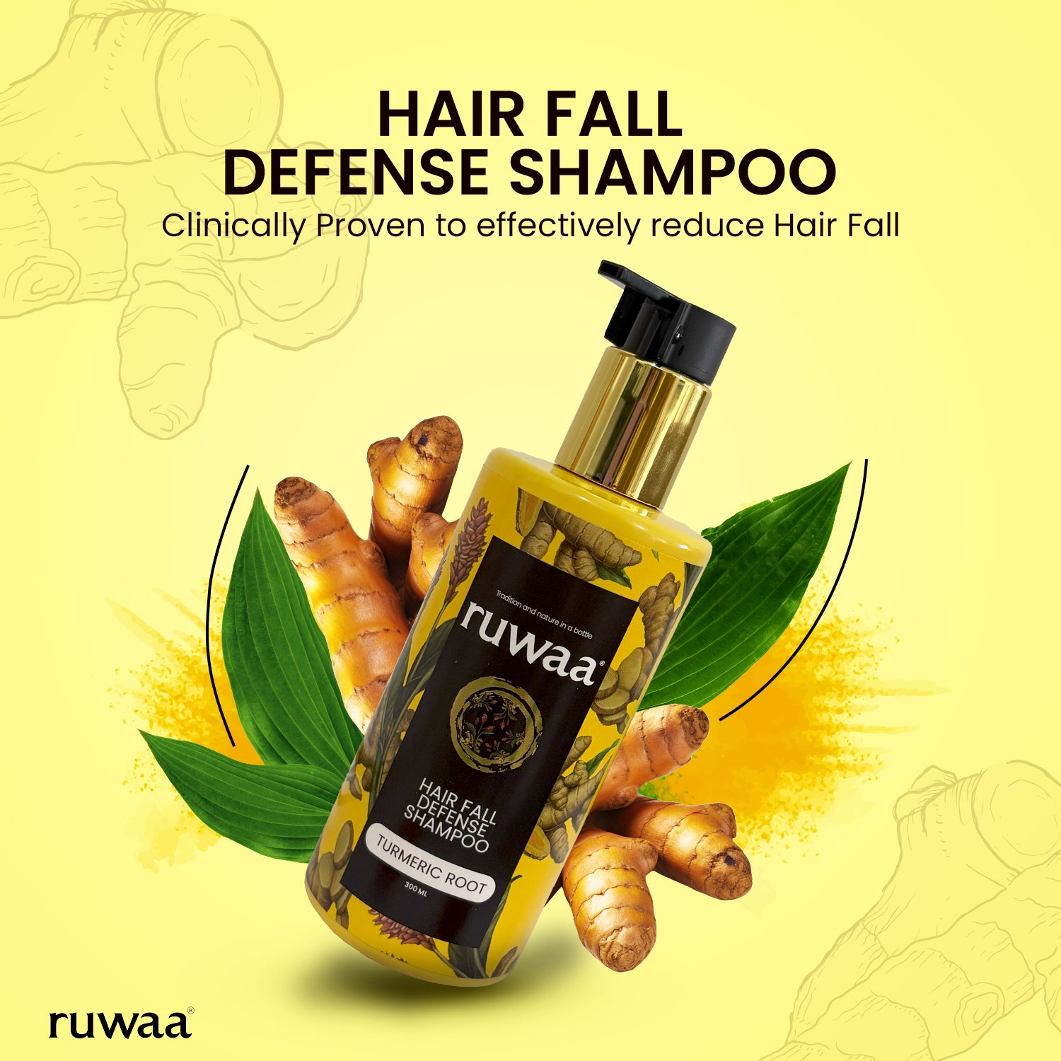 Ruwaa Turmeric Root Hair Fall Defense Shampoo Reduces Hair Fall by up to 83% | Strengthens Follicles | Promotes Thicker Healthier Hair