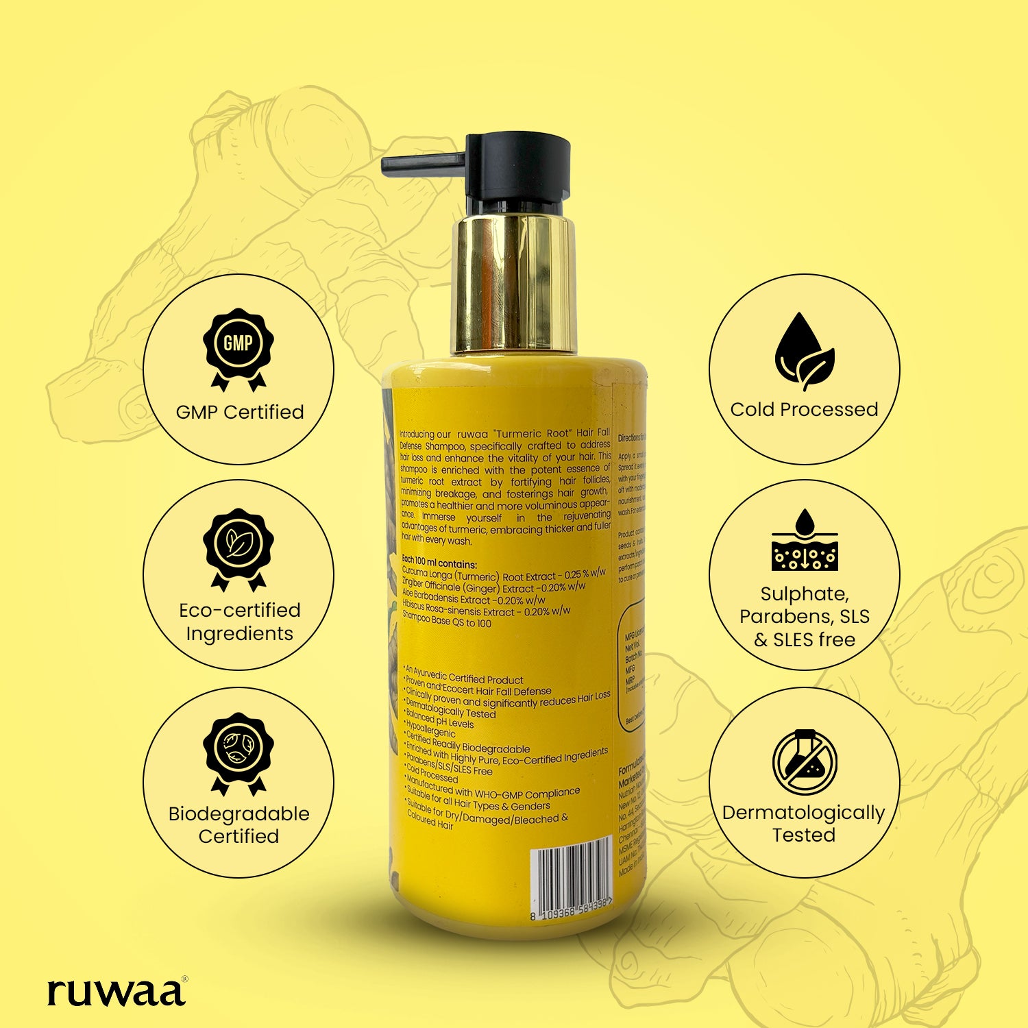 Ruwaa Turmeric Root Hair Fall Defense Shampoo Reduces Hair Fall by up to 83% | Strengthens Follicles | Promotes Thicker Healthier Hair