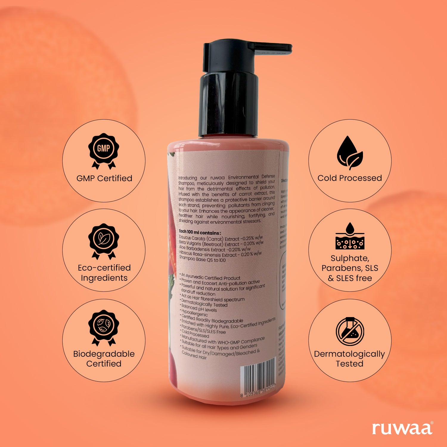 Ruwaa Environmental Defence Shampoo Shields Hair from Pollution | Reduces Pollutant Build-Up by 46.3% | Leaves Hair 33% Stronger and Healthier