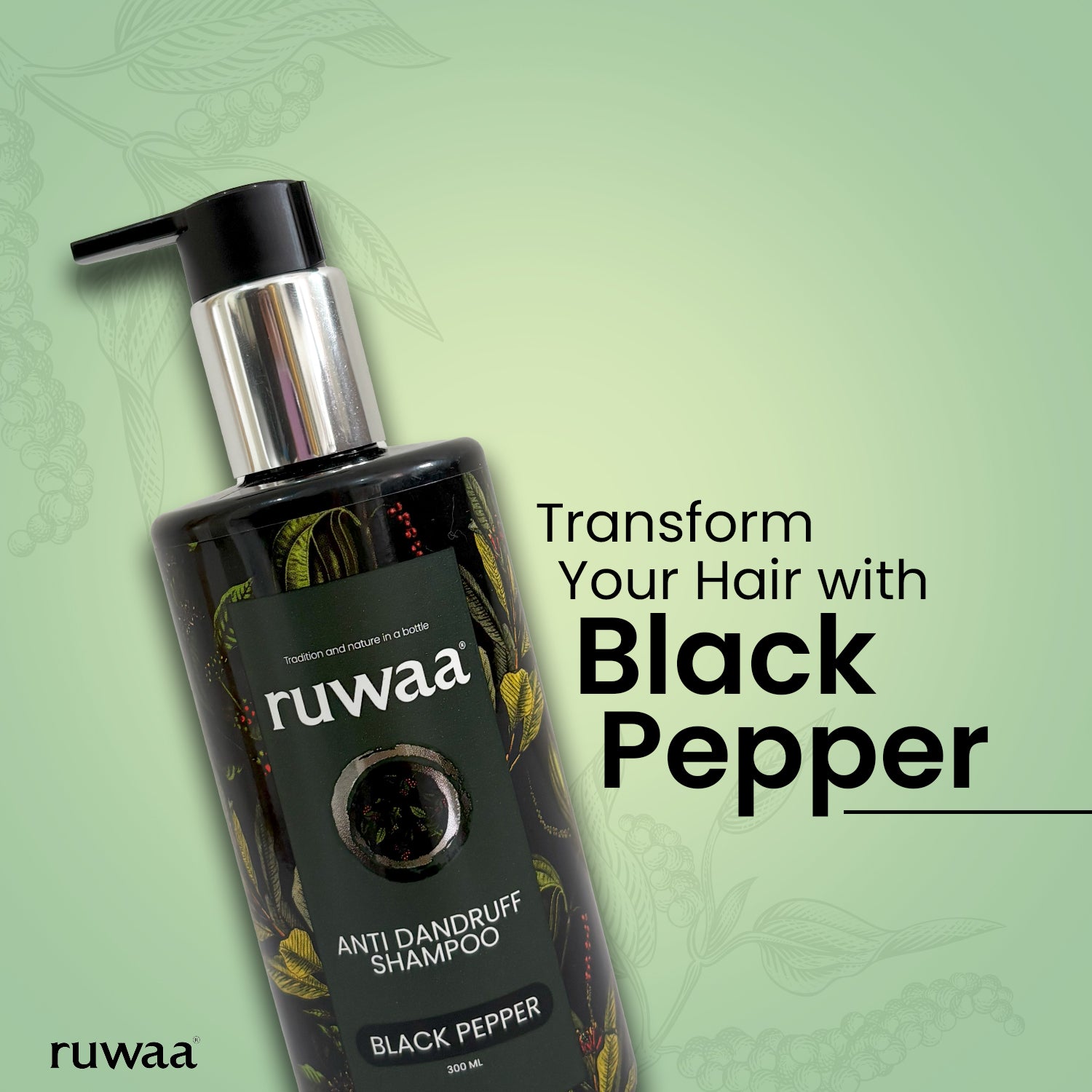 Ruwaa Anti-Dandruff Shampoo with Black Pepper Clinically Proven to Eliminate Dandruff | Soothe Itchy Scalp | Inhibit 100% of Dandruff-Causing Agents